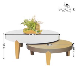 Cotations-DARLY-Ensemble-de-tables-basse-en-laque-blanc-et-bronze-avec-pietement-en-chene
