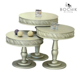 Ensemble de tables cendrier en bois hêtre massif gravé et laqué gris perle idéal pour salon marocain traditionnel.