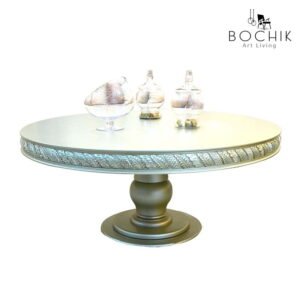 Table centrale en bois hêtre massif gravé et laqué gris perle, idéal pour salon marocain traditionnel