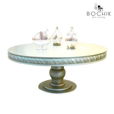 Table centrale en bois hêtre massif gravé et laqué gris perle, idéal pour salon marocain traditionnel