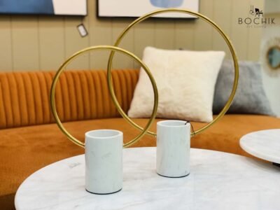Ambiance-CIRCLE-Duo-de-vases-en-Marbre-naturel-Blanc-et-anneau-en-acier-Inoxydable-couleur-Or