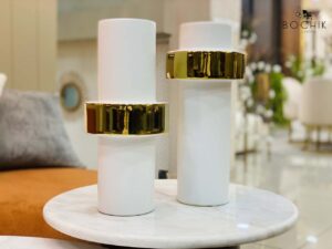Ambiance-MEX-2-GOLD-Duo-de-Vases-decoratifs-en-ceramique-blanc-avec-contour-en-dore