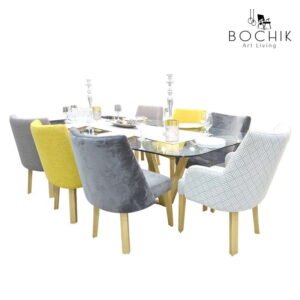 Table à manger BARRY en bois chêne avec plateau en verre trempé clair de 12mm