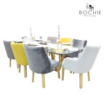Table à manger BARRY en bois chêne avec plateau en verre trempé clair de 12mm