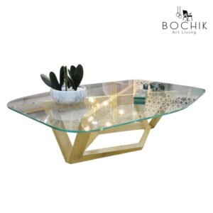 Table basse Barry avec piétement en bois chêne et plateau en verre trempé clair de 12mm.