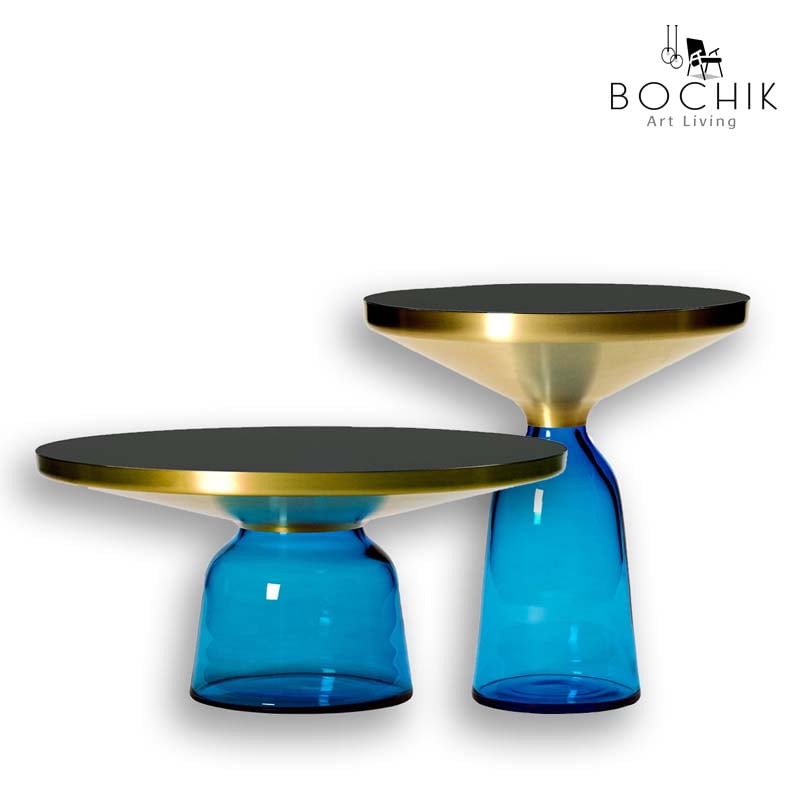 Ensemble de Tables basse Bell design en verre trempé Bleu, Dessus en Acier Inoxydable Couleur Or et plateau en verre noir.
