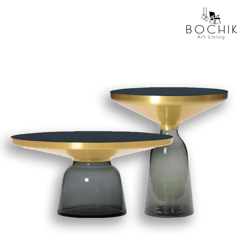 Ensemble de Tables basses Bell design en verre trempé Gris, Dessus en Acier Inoxydable Couleur Or et plateau en verre noir
