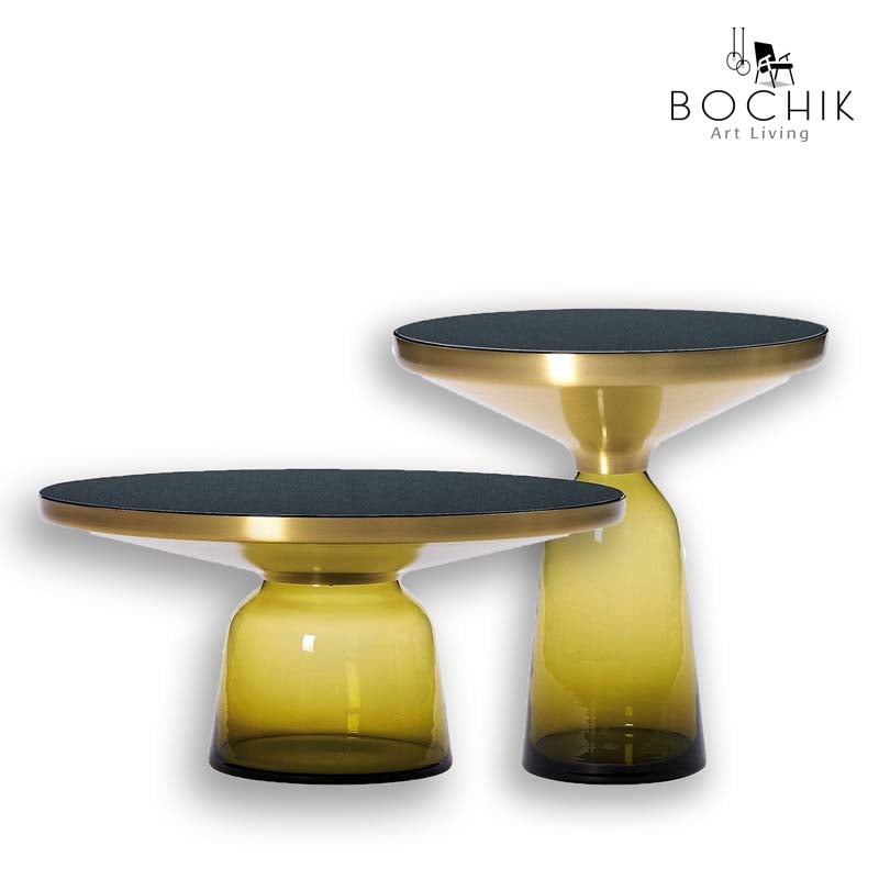 Ensemble de Tables basses design en verre trempé jaune, Dessus en Acier Inoxydable Couleur Or et plateau en verre noir