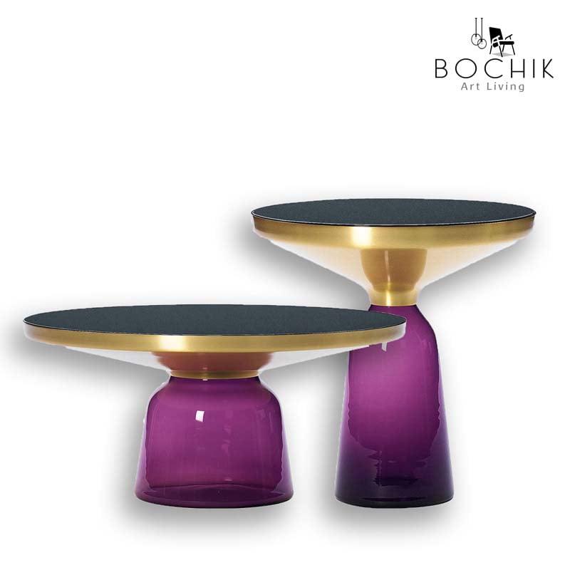 Ensemble de Tables basses bell design en verre trempé violet, Dessus en Acier Inoxydable Couleur Or et plateau en verre noir