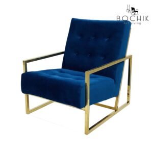Fauteuil retro en velours bleu avec socle et accoudoir en Acier Inoxydable Couleur Or
