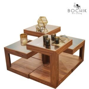 Ensemble de 4 tables d'appoints (2 hautes & 2 basses) en bois noyer et plateau en verre clair.