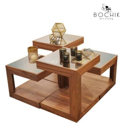 Ensemble de 4 tables d'appoints (2 hautes & 2 basses) en bois noyer et plateau en verre clair.