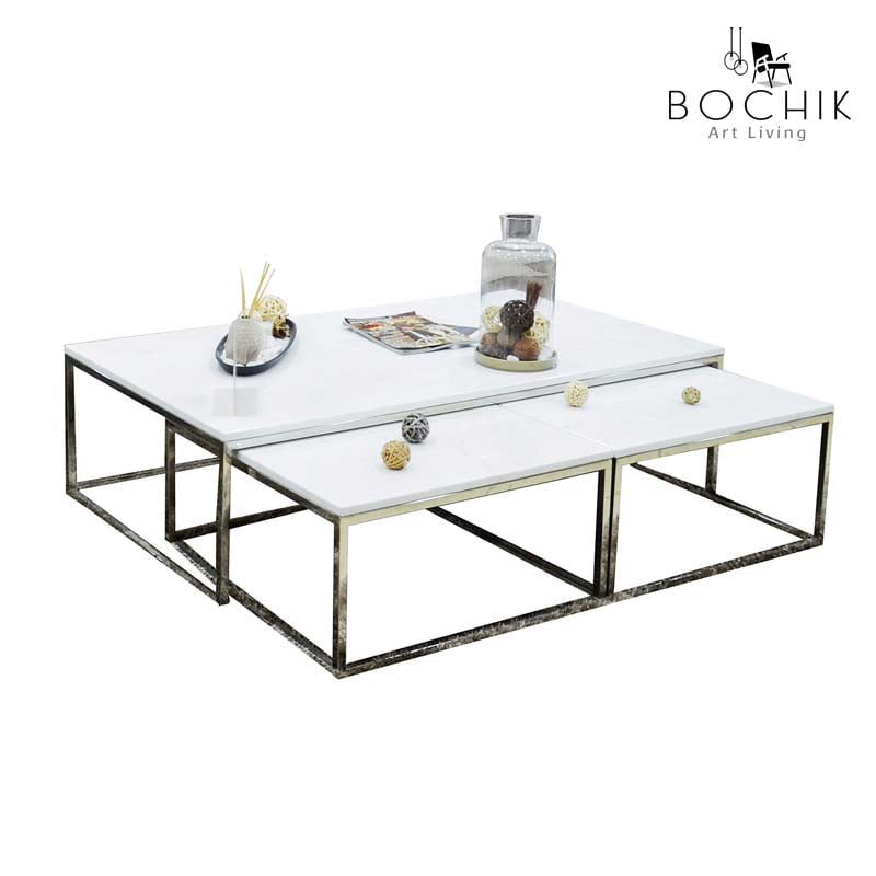 Ensemble de Table basse et 2 tables d'appoints avec plateau en marbre blanc Ibiza et piétement en inox polis.