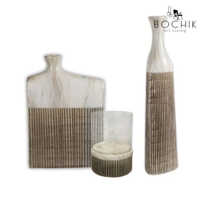 CERAM-Trio-de--vases-tres-Design-en-ceramique-couleur-ecrue-et-Griffonnage-à-la-main