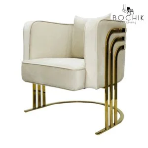 Fauteuil design en velours blanc cassé avec socle et piétement en Acier Inoxidable Couleur Or