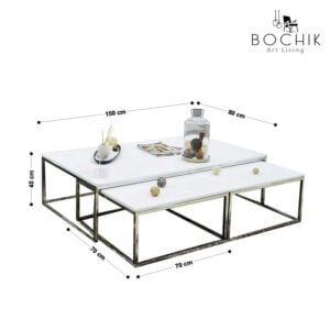 Cotations-CASTELLA-Ensemble-de-Table-basse-et-2-tables-d-appoints-avec-plateau-en-marbre-blanc-Ibiza-et-pietement-en-inox-polis