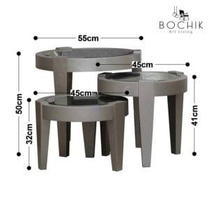 Cotations-Details-RANIA-Ensemble-de-tables-d-appoint-en-bois-hetre-massif-laque-bronze-et-plateau-en-miroir-clair