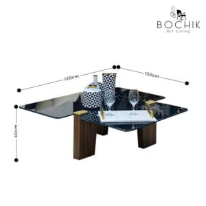 Cotations-MINOTTI-Table-basse-avec-plateau-en-marbre-noir-et-pietement-en-bois-noyer