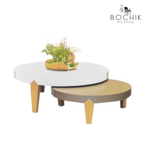 Ensemble de tables basses Darly en laqué blanc et bronze avec piètement en chêne.