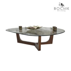 Table basse DAX avec piétement en bois hêtre et plateau en verre trempé clair de 12mm.