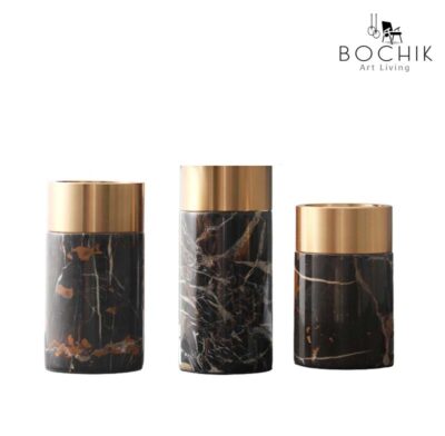 DOL-BLACK-Trio-de-vases-en-cylindre-en-Marbre-Naturel-couleur-Noire-et-contour-en-Acier-inoxydable-couleur-Or