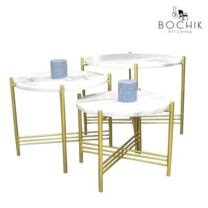 Ensemble de tables d'appoint en marbre blanc Ibiza et piétement en métal laqué Or