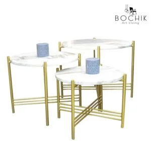 Ensemble de tables d'appoint en marbre blanc Ibiza et piétement en métal laqué Or