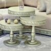 Ensemble de tables cendrier en bois hêtre massif gravé et laqué gris perle idéal pour salon marocain traditionnel.