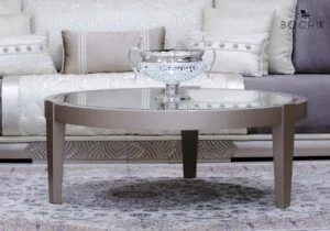 Table centrale en bois hêtre massif laqué bronze et plateau en miroir clair, idéal pour salon marocain et moderne