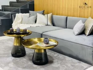 Ensemble de Tables basse tendance en verre trempé noir et plateau en Acier Inoxydable Couleur Or.