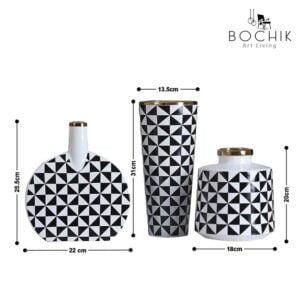 KARA-Trio-de-vases-tres-design-à-motif-carreaux-noir-et-blanc-cotations