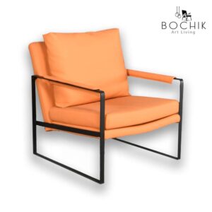 Fauteuil style industriel en simili cuir orange avec cadre en métal époxy couleur noir