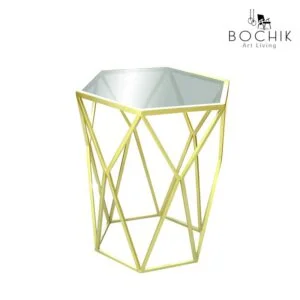 Table d'appoint en métal laqué Or et plateau en verre clair, idéal pour salon moderne. Livraison partout au Maroc.