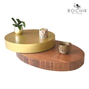 Table basse ovale en bois noyer et laqué Or, idéal pour salon marocain ou moderne