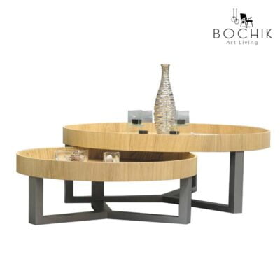Ensemble de tables basses en bois chêne avec piétement en bois hêtre laqué gris foncé