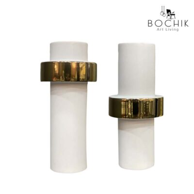 MEX-2-GOLD-Duo-de-Vases-decoratifs-en-ceramique-blanc-avec-contour-en-dore