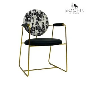 Chaise fashion en simili cuir rayé avec socle et accoudoir en Acier Inoxydable Couleur Or, idéal pour salle à manger