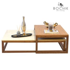 Ensemble de tables basses en bois noyer et marbre beige avec piétement en bois hêtre vernis noyer