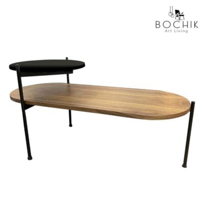 Table basse avec double plateaux ,un petit rond en verre trempé noir et un autre long en bois noyer et piètement en acier inoxydable noir.