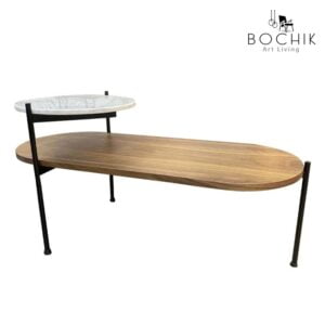 Table basse avec double plateaux ,un petit rond en marbre blanc et un autre long en bois noyer et piètement en acier inoxydable noir.