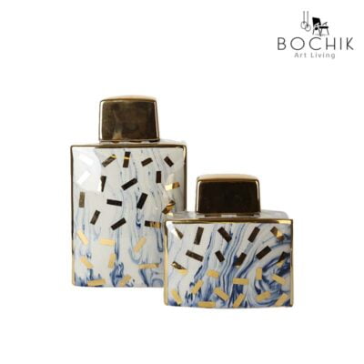 POTY-Duo-de-Vases-en-ceramique-peints-en-bleu-et-dore-couvercle-en-Ceramic-dore-