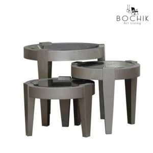 Ensemble de tables d'appoint en bois hêtre massif laqué bronze et plateau en miroir clair, idéal pour salon marocain.