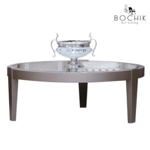 Table centrale en bois hêtre massif laqué bronze et plateau en miroir clair, idéal pour salon marocain et moderne
