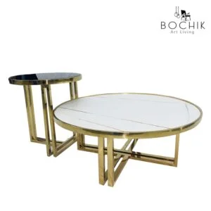 Ensemble de Tables basses riva avec piétement en Acier Inoxydable Couleur Or et plateau en Céramique couleur blanche et plateau en verre trempé noir