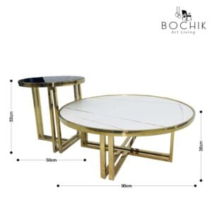 RIVA-Ensemble-de-Tables-basse-avec-pietement-en-Acier-Inoxydable-Couleur-Or-et-plateau-en-Ceramique-couleur-blanche-et-plateau-en-verre-trempe-noir-cotations