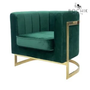 Fauteuil tendance en velours vert avec socle et piètement en Acier Inoxydable Couleur Or