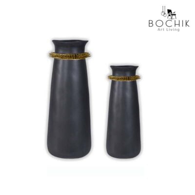SOL-BLACK-Duo-de-Vases-en-ceramique-simple-et-chic-noir-avec-anneau-dore
