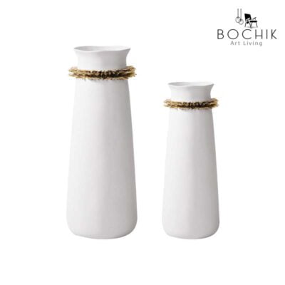 SOL-WHITE-Duo-de-Vases-en-ceramique-simple-et-chic-blanc-avec-anneau-dore