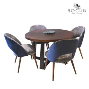 Table à manger SWEET en bois hêtre vernis noyer avec piétement en bois hêtre laqué noir.