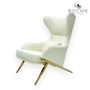 Fauteuil haut de gamme en simili cuir beige, dossier matelassé et piètement en or chromé
